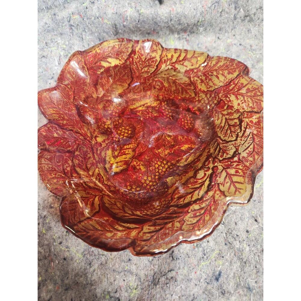 Indiana Carnival Glass Loganberry Leaf Red/Amber Candy Dish Bowl Triangle